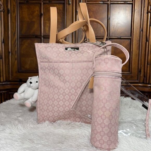 Nine West Pink Geo Canvas Bag + Bear Charm + Bottle Carrier + Clear Clip Pouch - Picture 2 of 15